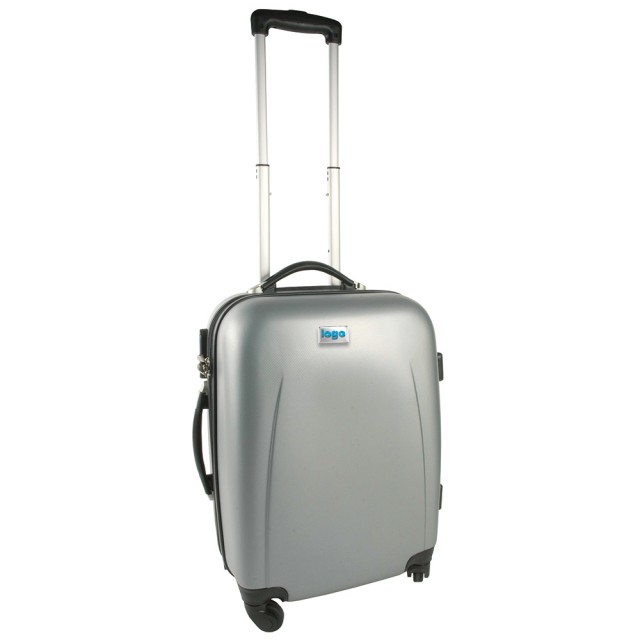 Valigia rigida con trolley in ABS e interno foderato, con dimensioni standard per bagaglio a mano e targhetta metallica per personalizzazione