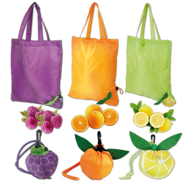 Shopper ripiegabile a forma di arancia, mora e limone
