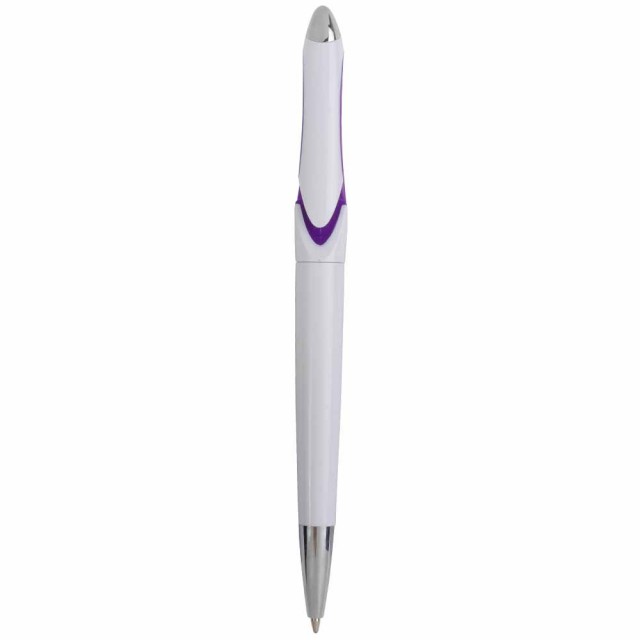 Penna a scatto in plastica, fusto bianco e particolari colorati