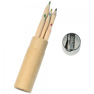 Set matite colorate (6) (lung. 8,5 cm), sezione esagonale, in cilindro di cartone e plastica (con temperamatite incorporato)